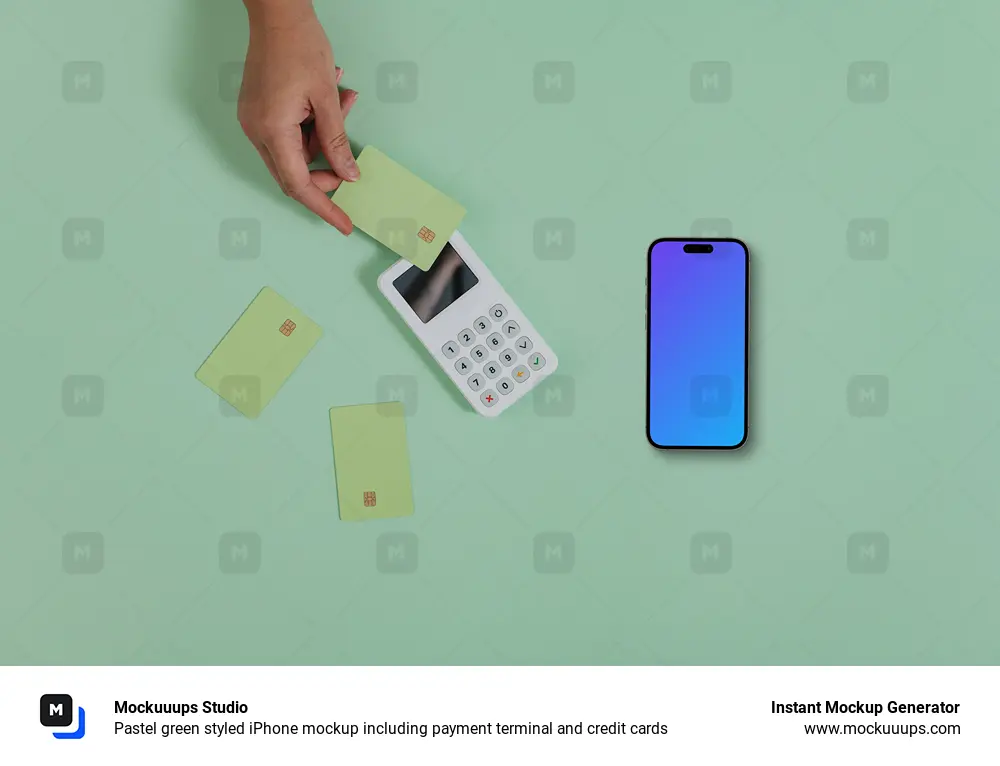 Pastel green styled iPhone mockup including payment terminal and credit cards