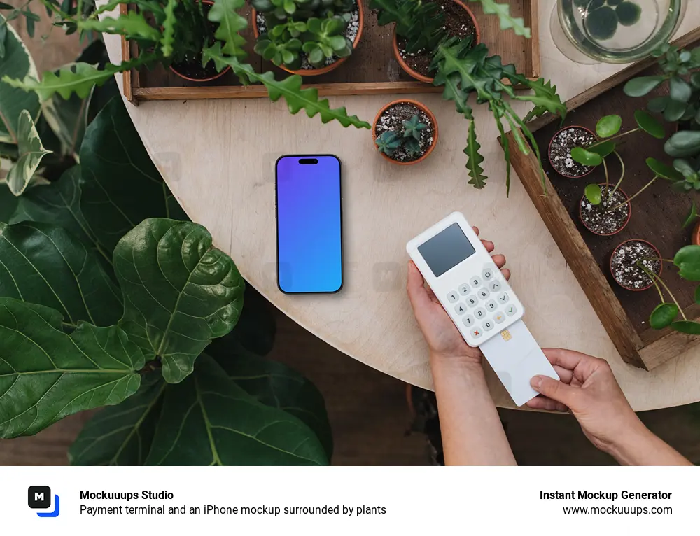 Payment terminal and an iPhone mockup surrounded by plants