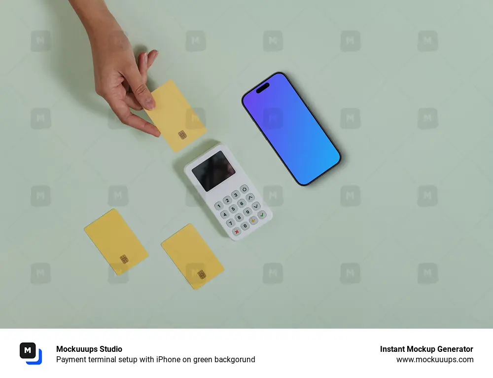 Payment terminal setup with iPhone on green backgorund