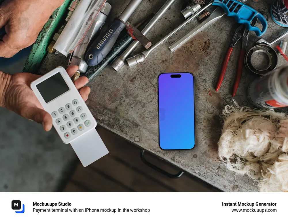 Payment terminal with an iPhone mockup in the workshop