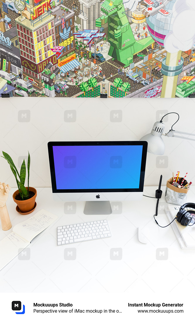 Perspective view of iMac mockup in the office