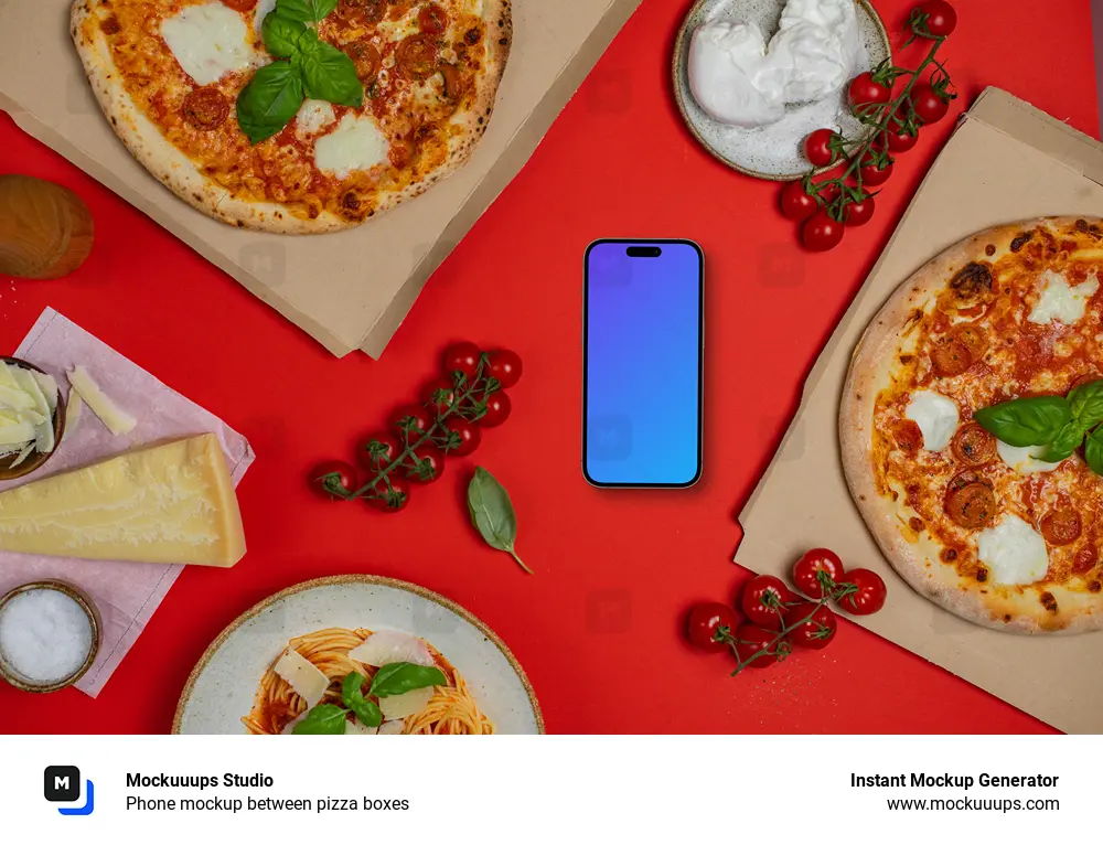 Phone mockup between pizza boxes 