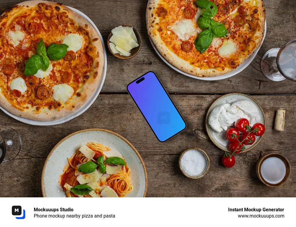 Phone mockup nearby pizza and pasta