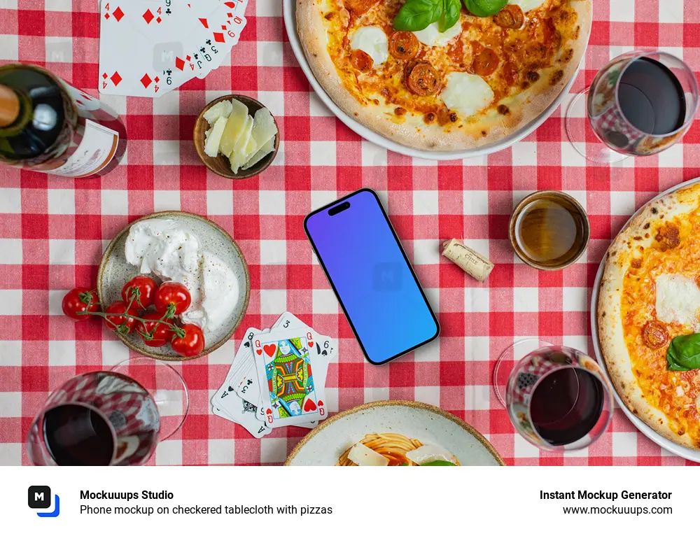 Phone mockup on checkered tablecloth with pizzas