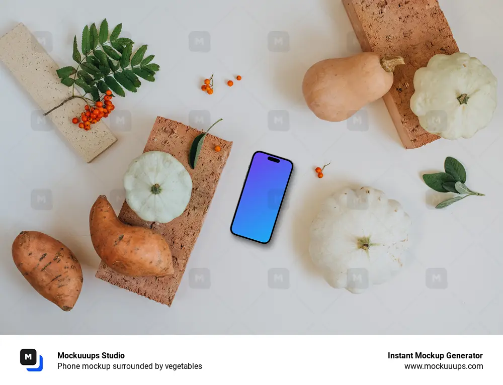 Phone mockup surrounded by vegetables