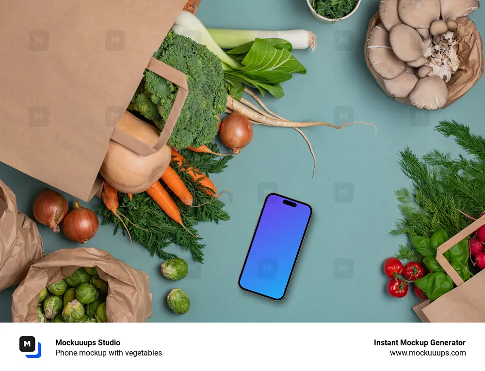 Phone mockup with vegetables