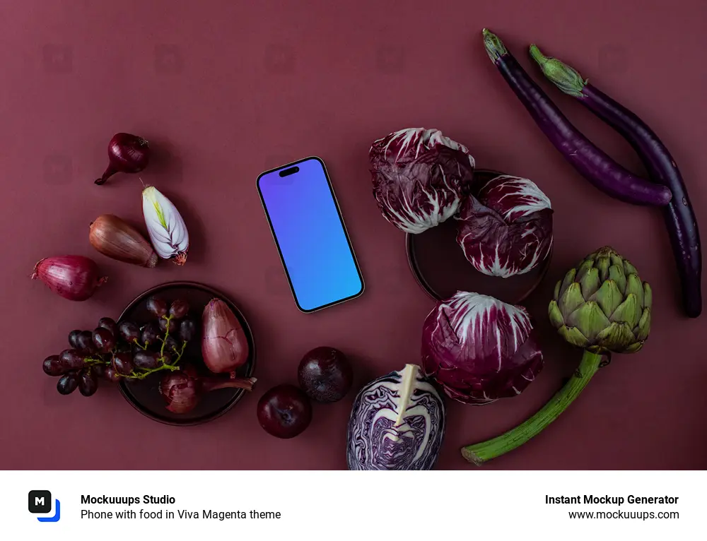 Phone with food in Viva Magenta theme