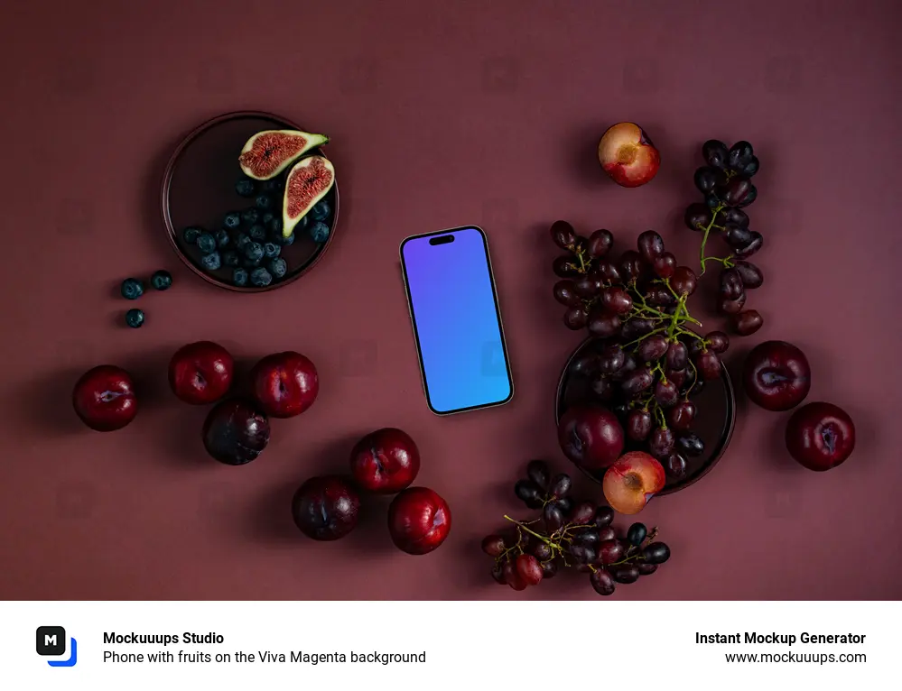 Phone with fruits on the Viva Magenta background