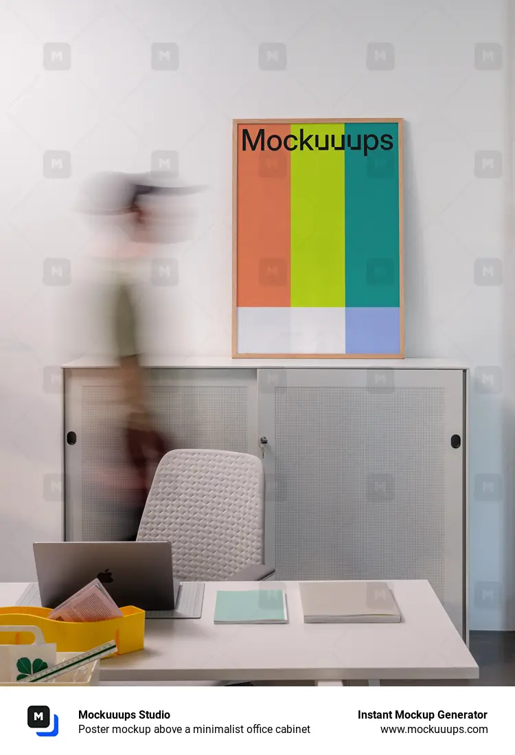 Poster mockup above a minimalist office cabinet