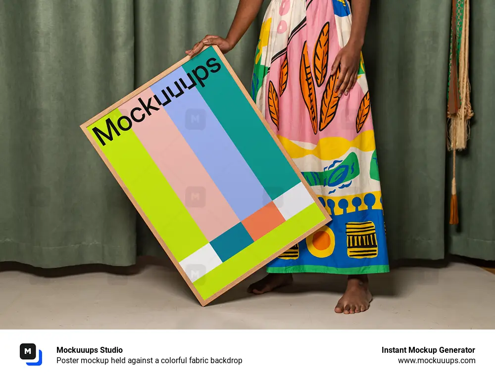 Poster mockup held against a colorful fabric backdrop