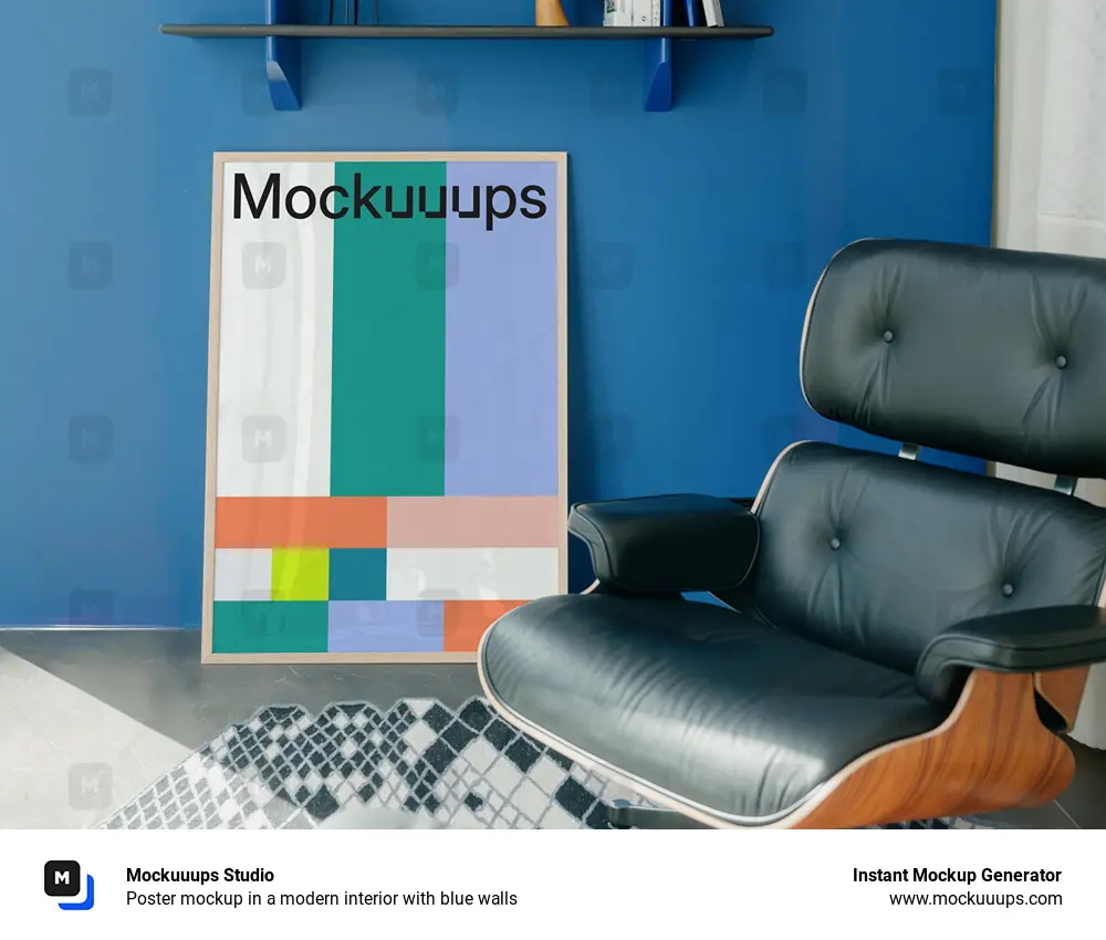 Poster mockup in a modern interior with blue walls