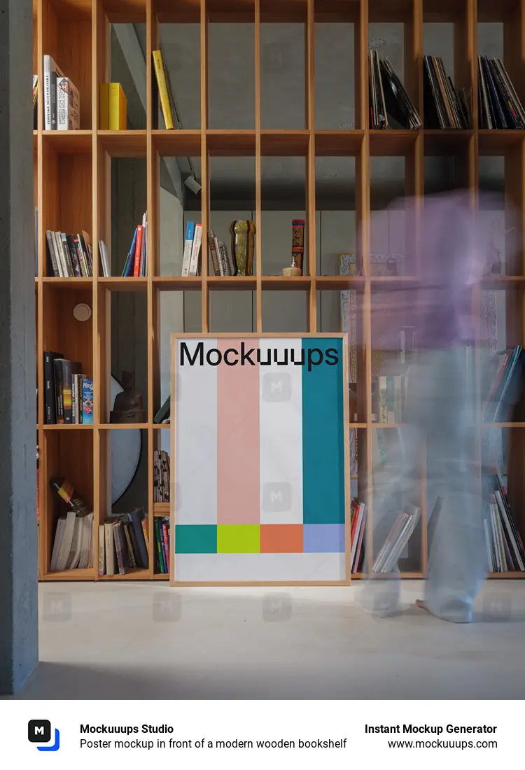 Poster mockup in front of a modern wooden bookshelf
