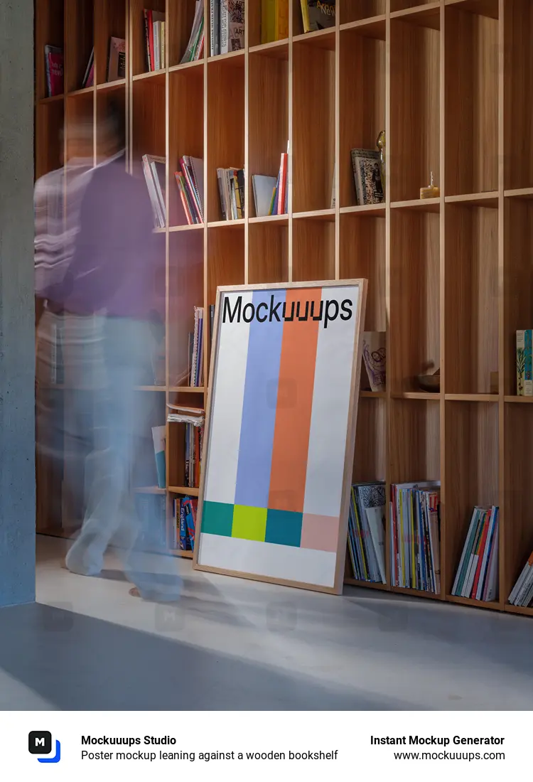 Poster mockup leaning against a wooden bookshelf