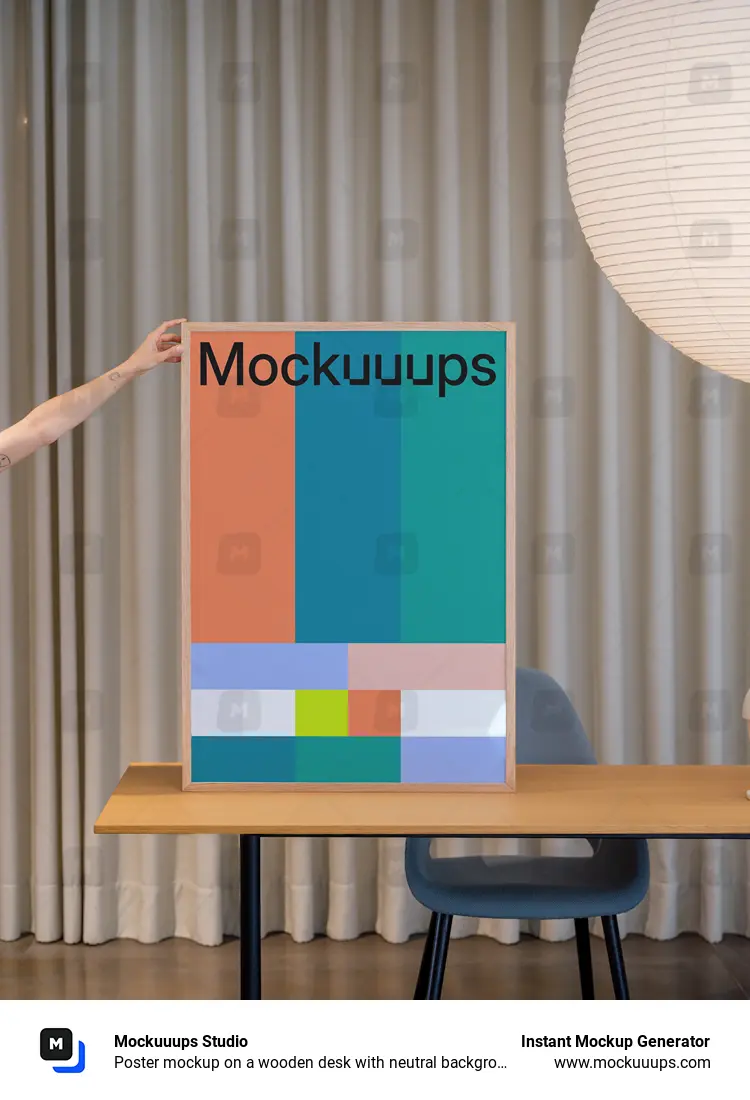Poster mockup on a wooden desk with neutral background