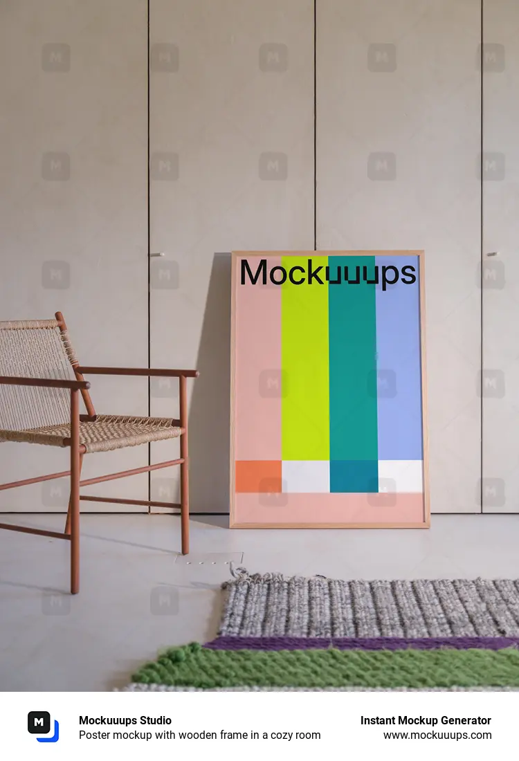 Poster mockup with wooden frame in a cozy room