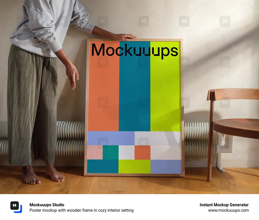 Poster mockup with wooden frame in cozy interior setting