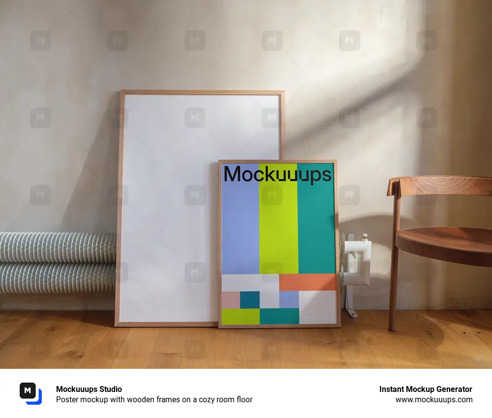 Poster mockup with wooden frames on a cozy room floor