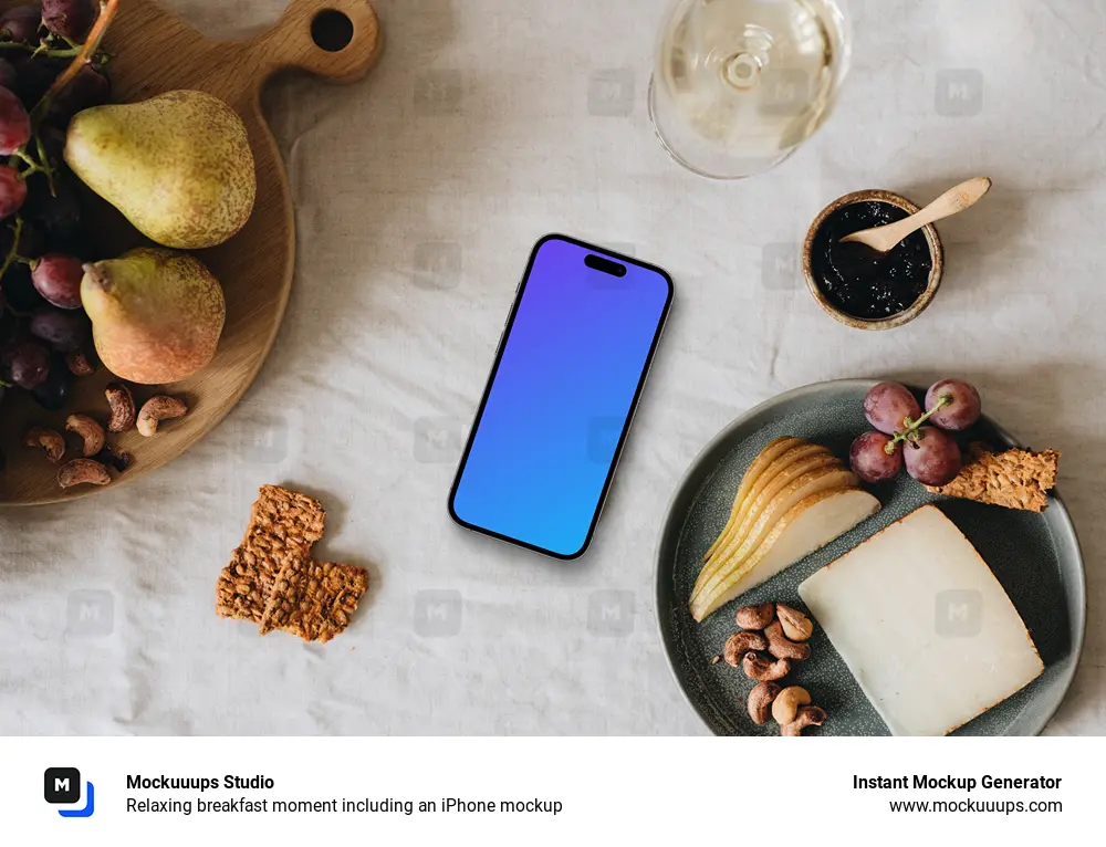 Relaxing breakfast moment including an iPhone mockup