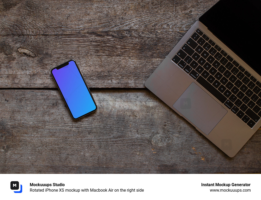 Rotated iPhone XS mockup with Macbook Air on the right side