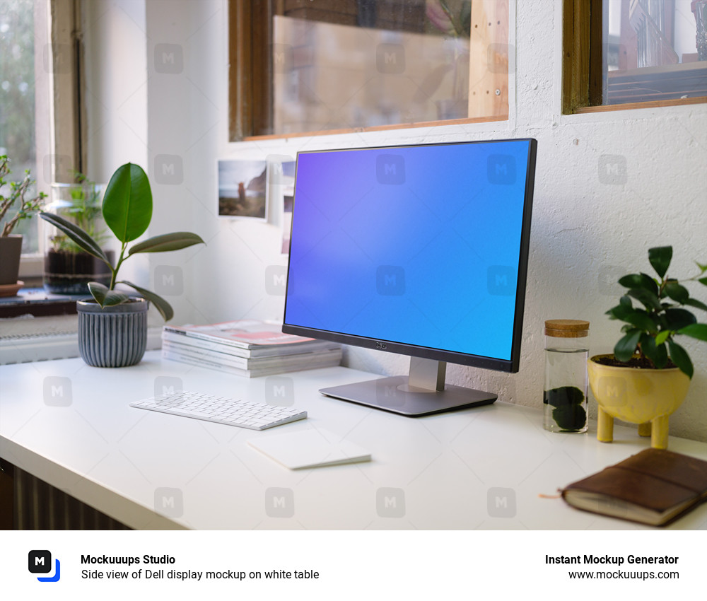 Side view of Dell display mockup on white table