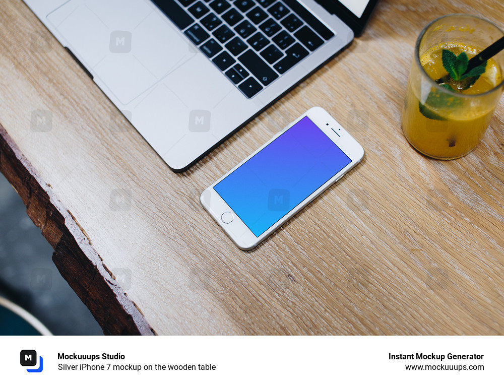 Silver iPhone 7 mockup on the wooden table