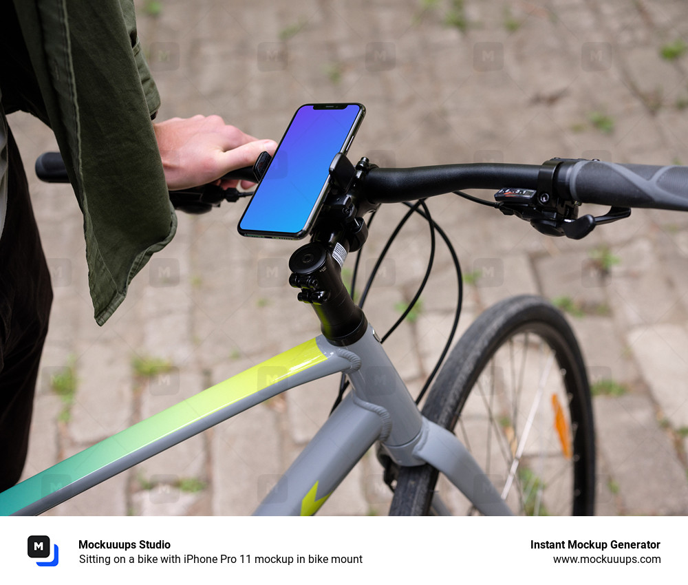 Sitting on a bike with iPhone Pro 11 mockup in bike mount - Mockuuups Studio