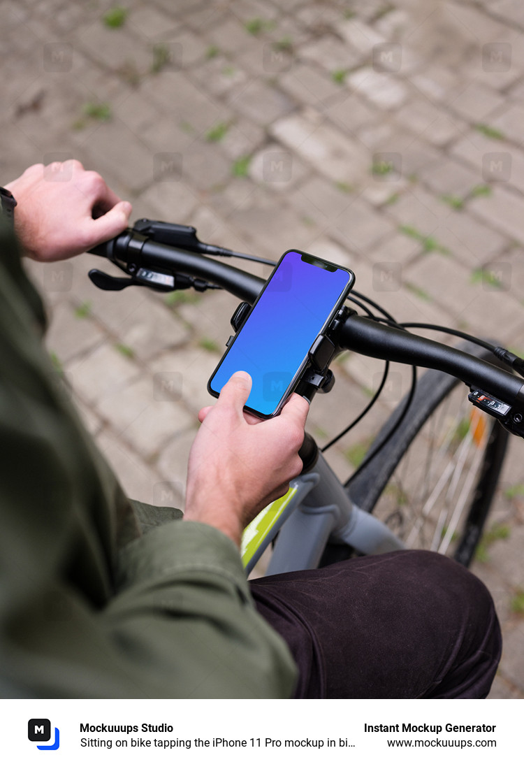 Sitting on bike tapping the iPhone 11 Pro mockup in bike mount