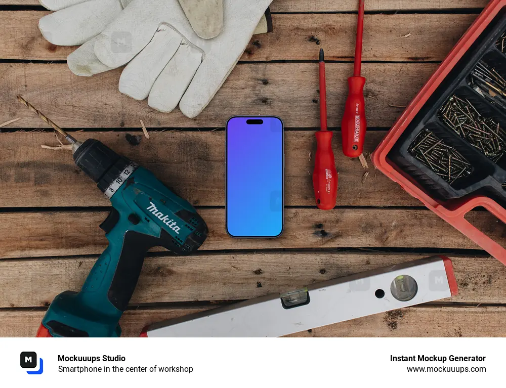 Smartphone in the center of workshop