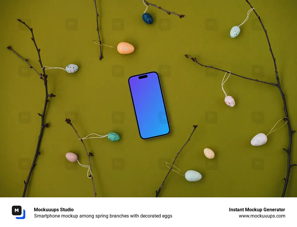 Smartphone mockup among spring branches with decorated eggs