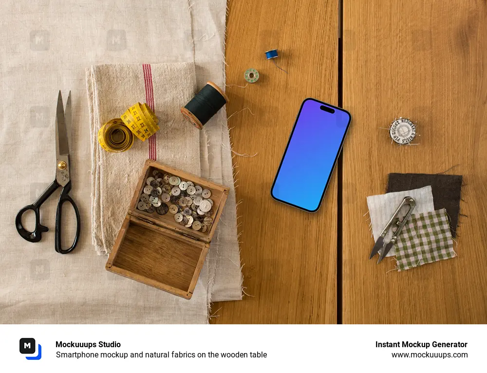 Smartphone mockup and natural fabrics on the wooden table