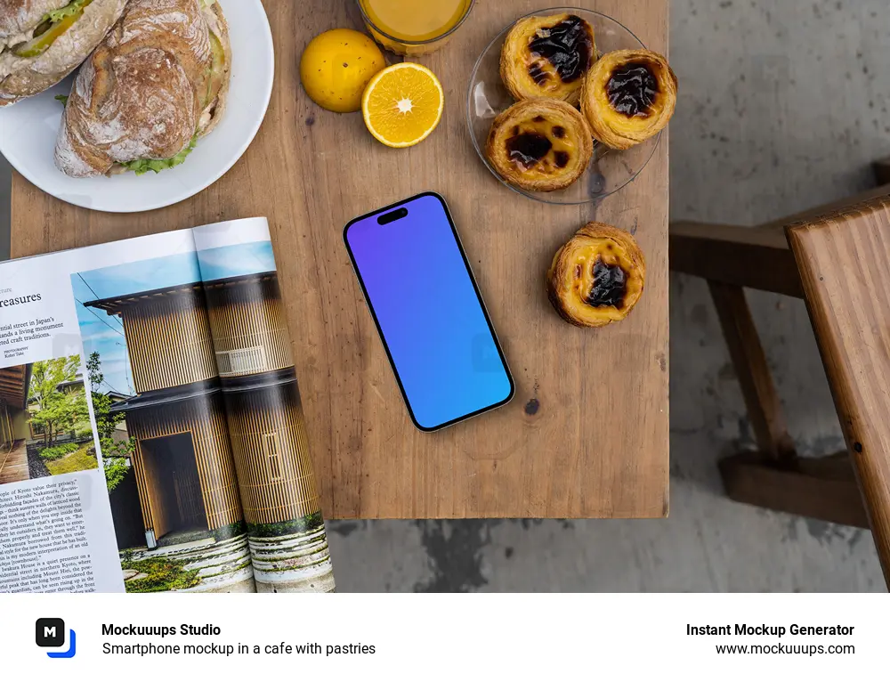 Smartphone mockup in a cafe with pastries