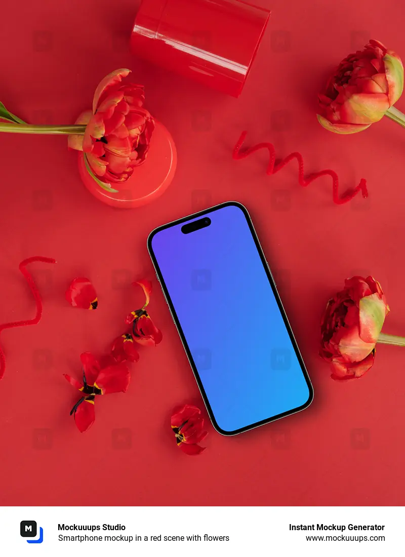Smartphone mockup in a red scene with flowers