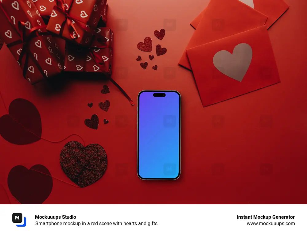 Smartphone mockup in a red scene with hearts and gifts