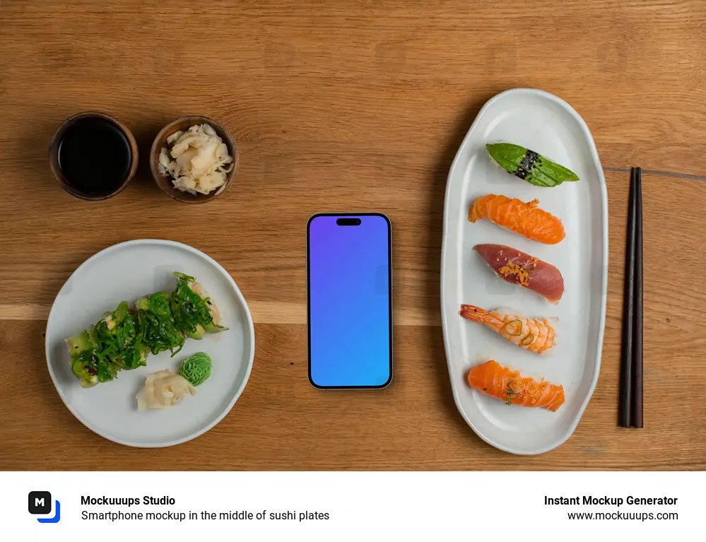 Smartphone mockup in the middle of sushi plates