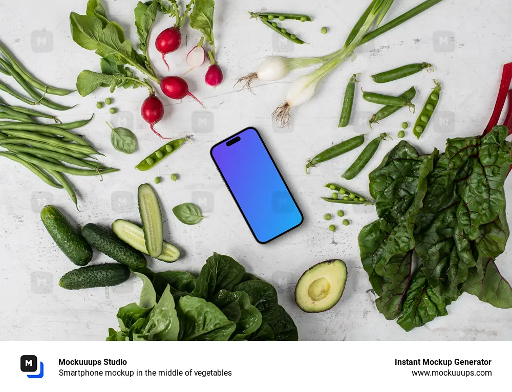 Smartphone mockup in the middle of vegetables