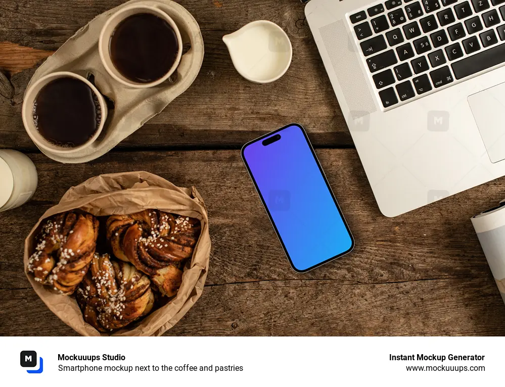 Smartphone mockup next to the coffee and pastries