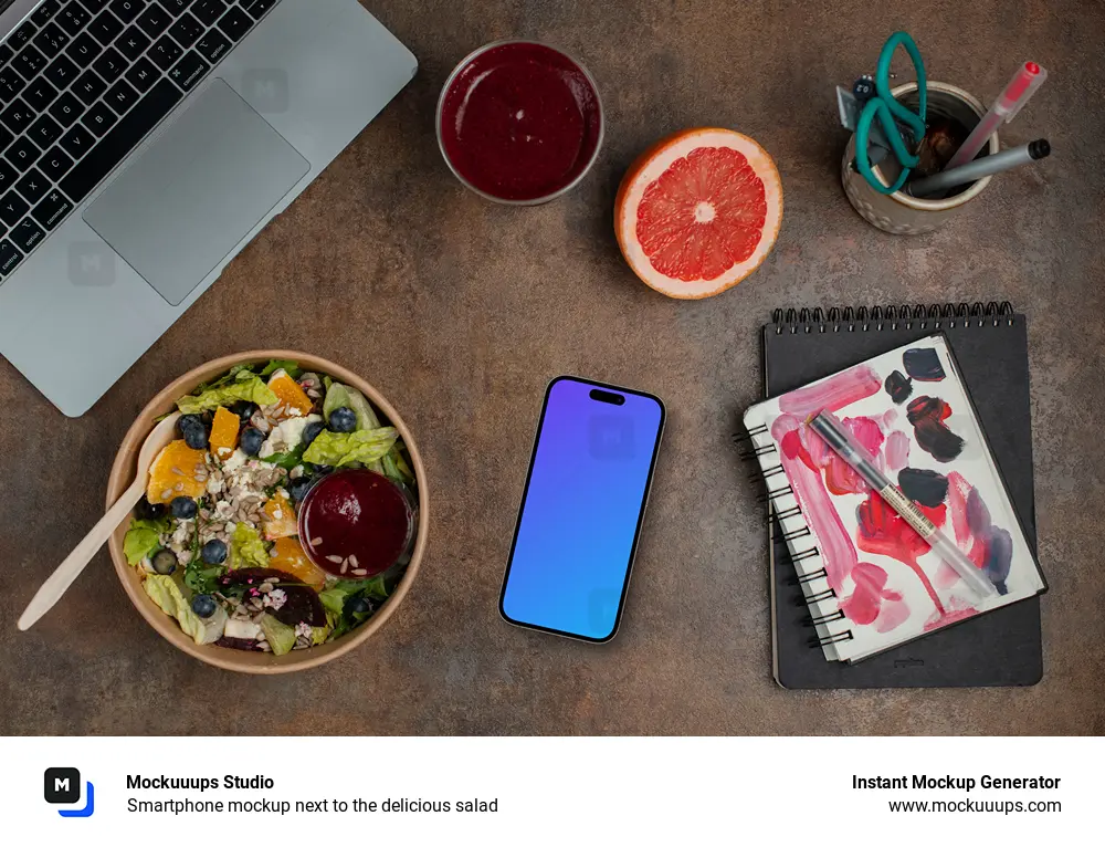 Smartphone mockup next to the delicious salad