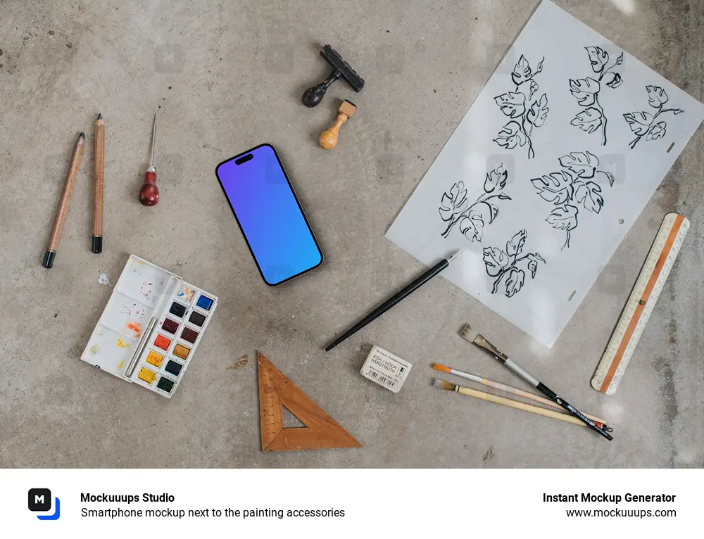 Smartphone mockup next to the painting accessories