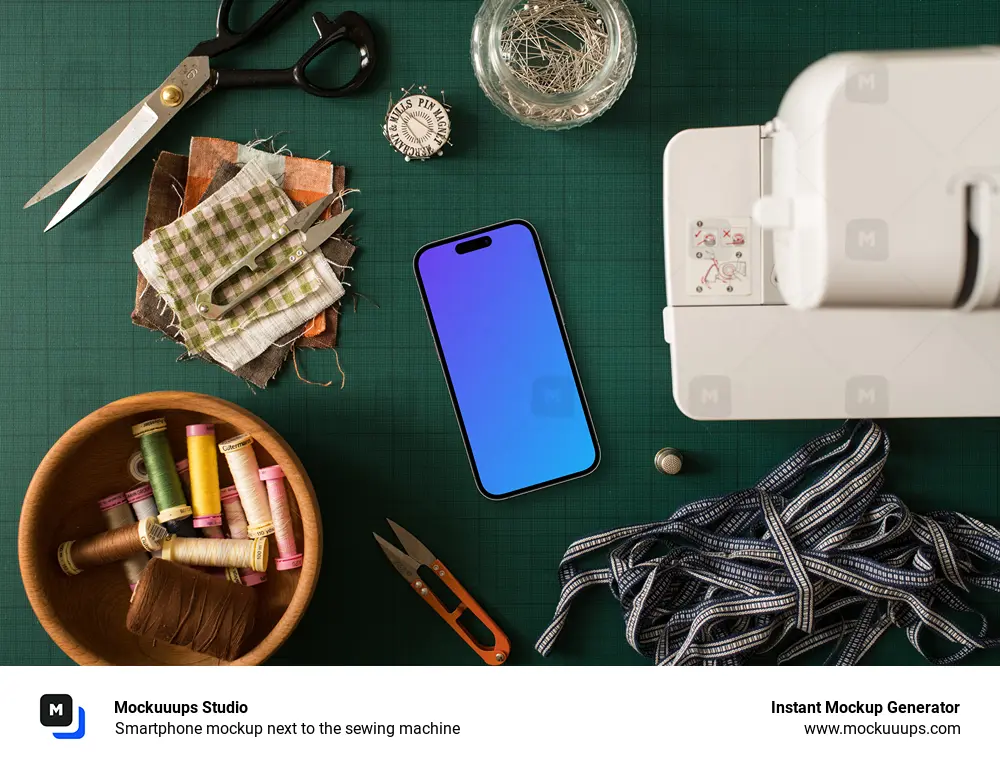 Smartphone mockup next to the sewing machine