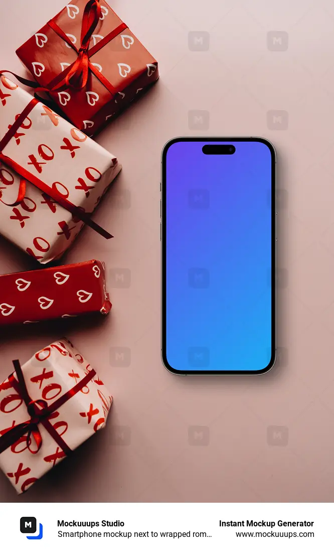 Smartphone mockup next to wrapped romantic gifts