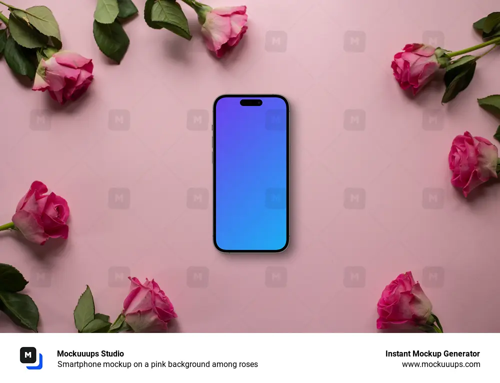 Smartphone mockup on a pink background among roses