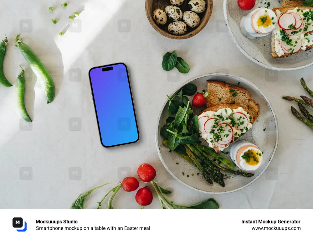 Smartphone mockup on a table with an Easter meal