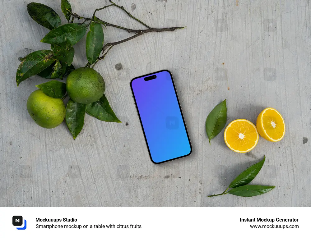 Smartphone mockup on a table with citrus fruits