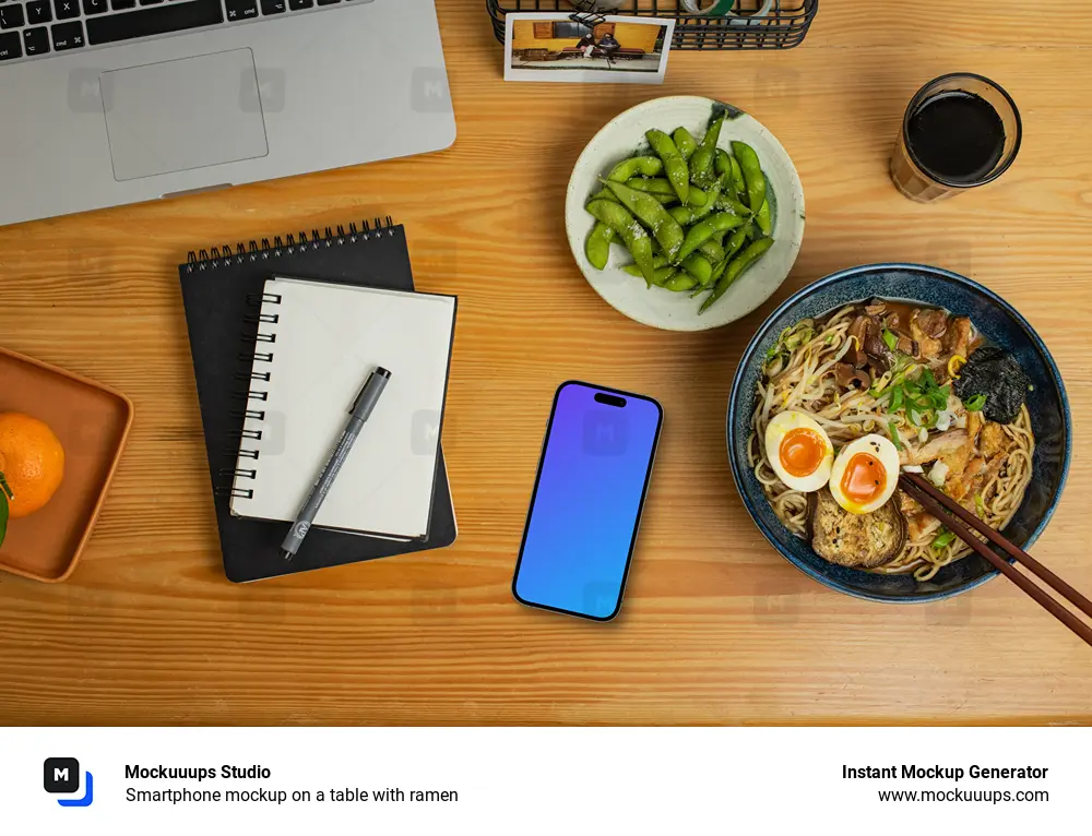 Smartphone mockup on a table with ramen