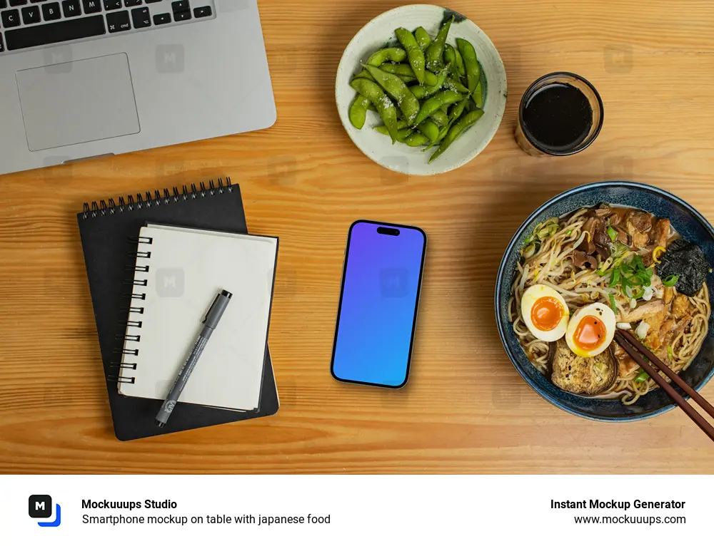 Smartphone mockup on table with japanese food