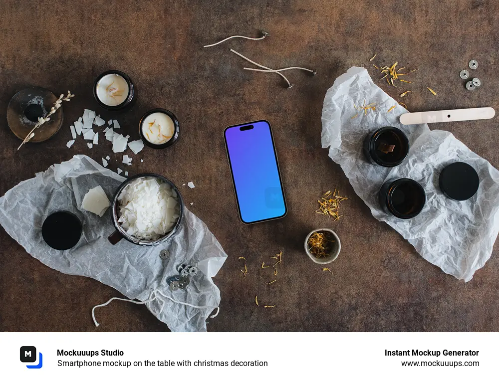 Smartphone mockup on the table with christmas decoration