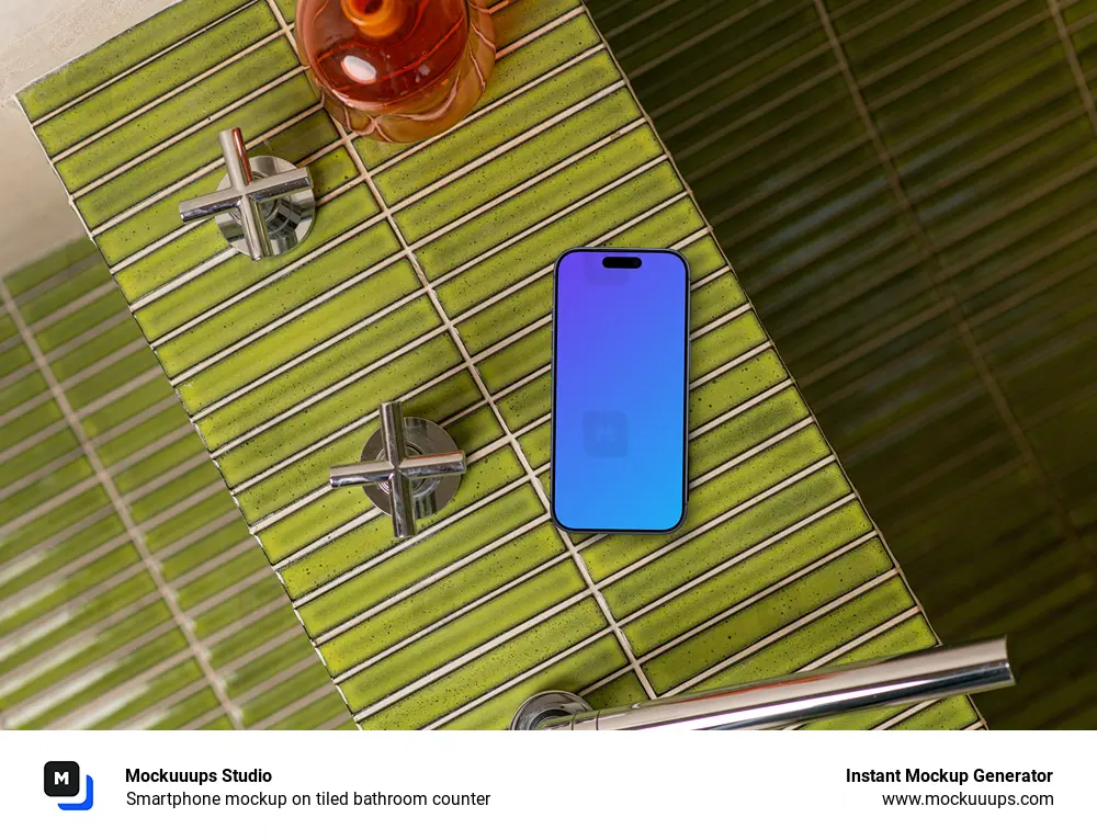 Smartphone mockup on tiled bathroom counter