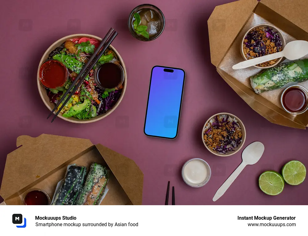 Smartphone mockup surrounded by Asian food