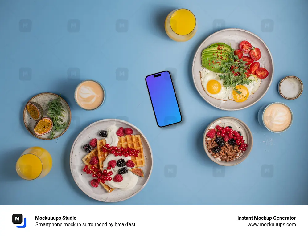 Smartphone mockup surrounded by breakfast