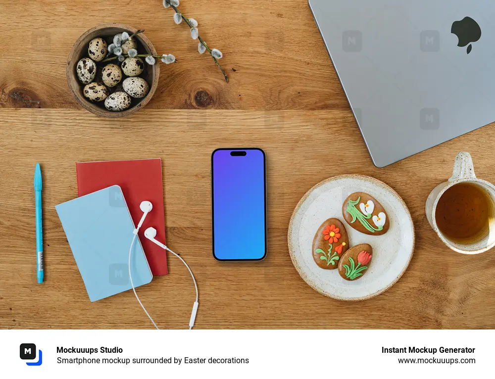 Smartphone mockup surrounded by Easter decorations